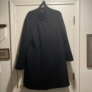 OSKA Black Double Breasted Pea Coat Stand-Up Collar Long Sleeves Pleated Back